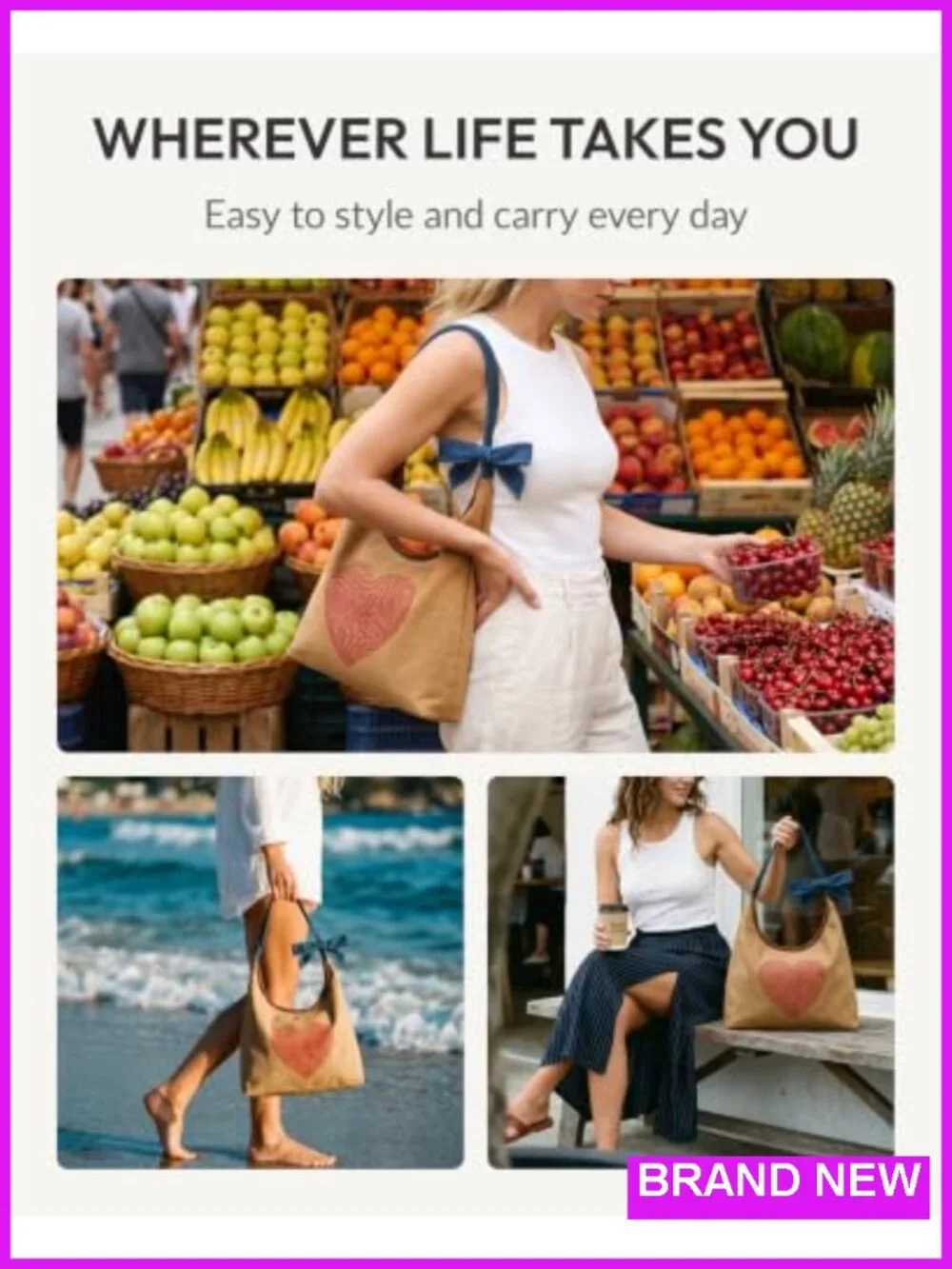 Canvas Hobo Bag Set with Detachable Bow Strap and Pouch